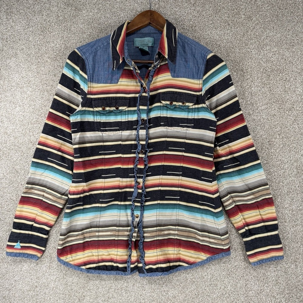 Tasha Polizzi 100% Cotton Southwest Striped Western Shirt M Denim Patches Ruffle
